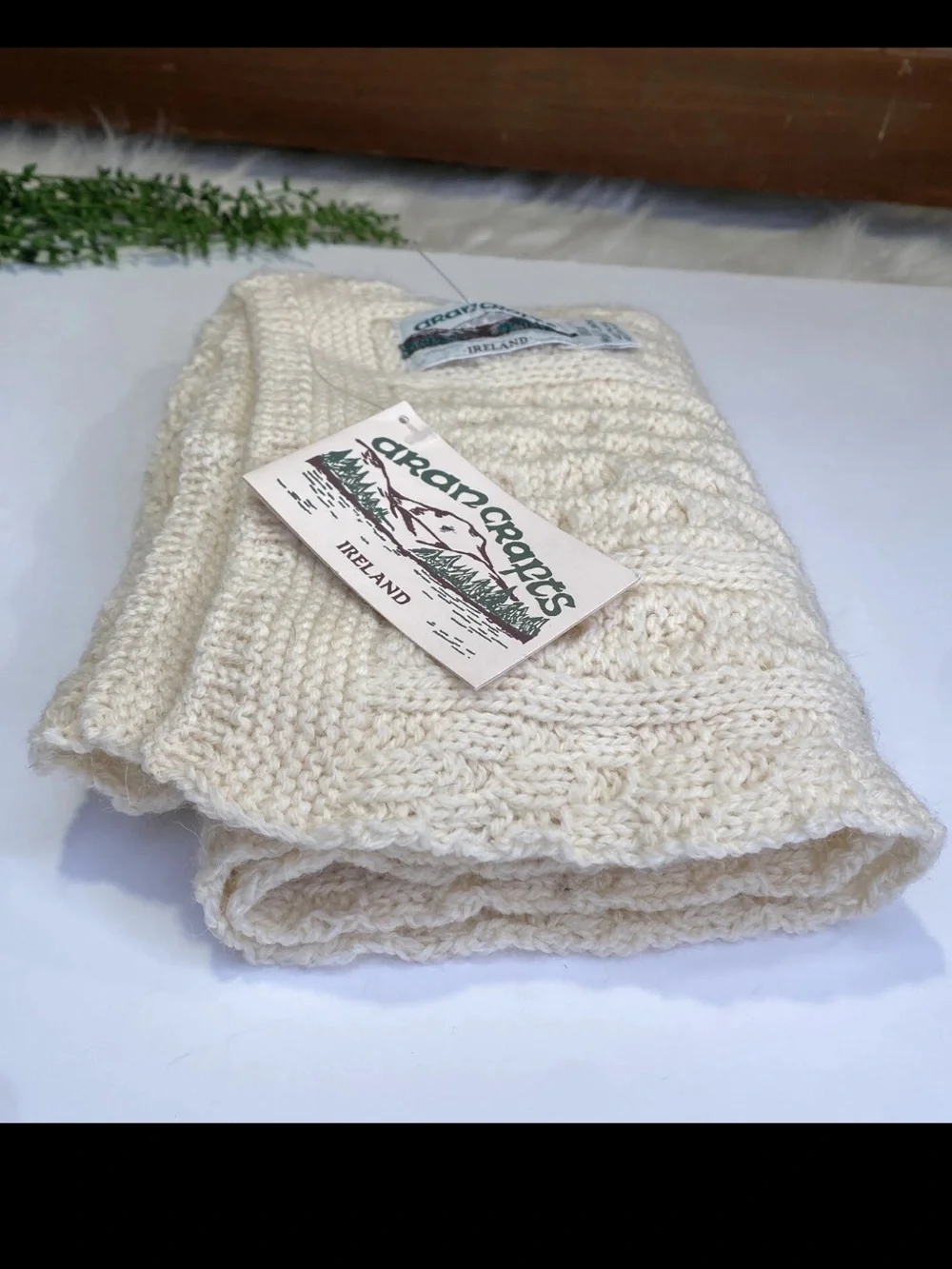 Vintage AranCrafts 100% Irish Wool Knit Scarf Cream Color New With Tags
